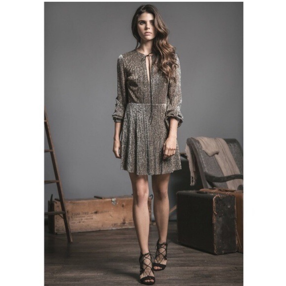Anthropologie J.O.A. Gold Glitter Shimmer Metallic Gold Long Sleeve Dress sz S